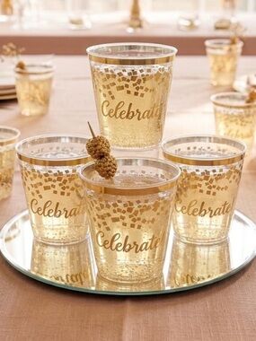 NWT Bundle James Burke Gold 'Celebrate' Party Clear Plastic Cups -50 Total Count